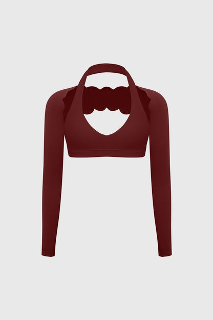 V-Cut Halter Bra & Scalloped Long Sleeve Sports Shrug