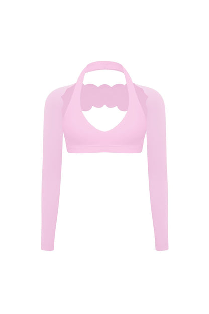 V-Cut Halter Bra & Scalloped Long Sleeve Sports Shrug
