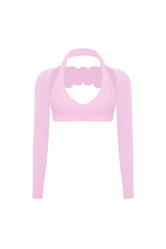 V-Cut Halter Bra & Scalloped Long Sleeve Sports Shrug