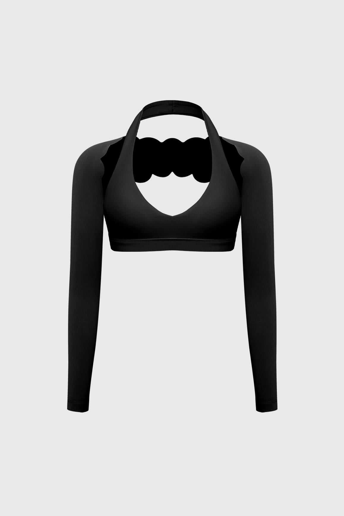 V-Cut Halter Bra & Scalloped Long Sleeve Sports Shrug