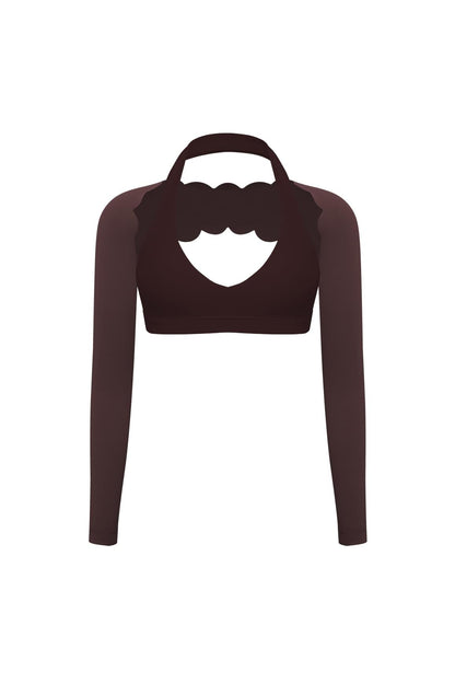 V-Cut Halter Bra & Scalloped Long Sleeve Sports Shrug