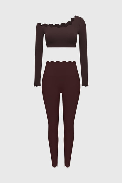 One-shoulder Scallop Long Sleeve Crop Top & High-Waist Scallop Scrunch Legging