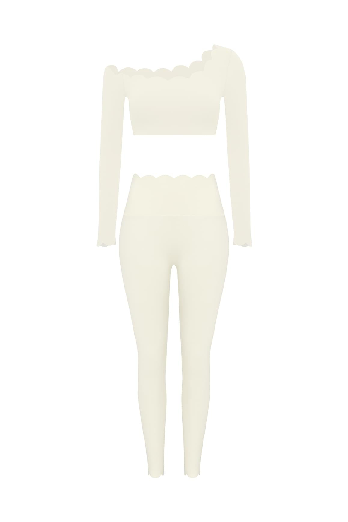 One-shoulder Scallop Long Sleeve Crop Top & High-Waist Scallop Scrunch Legging