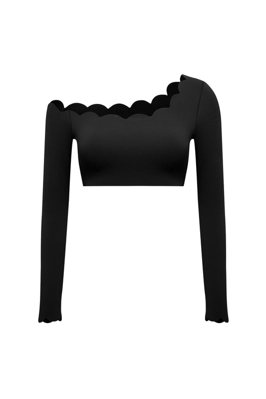 One-shoulder Scallop Long Sleeve Crop Top