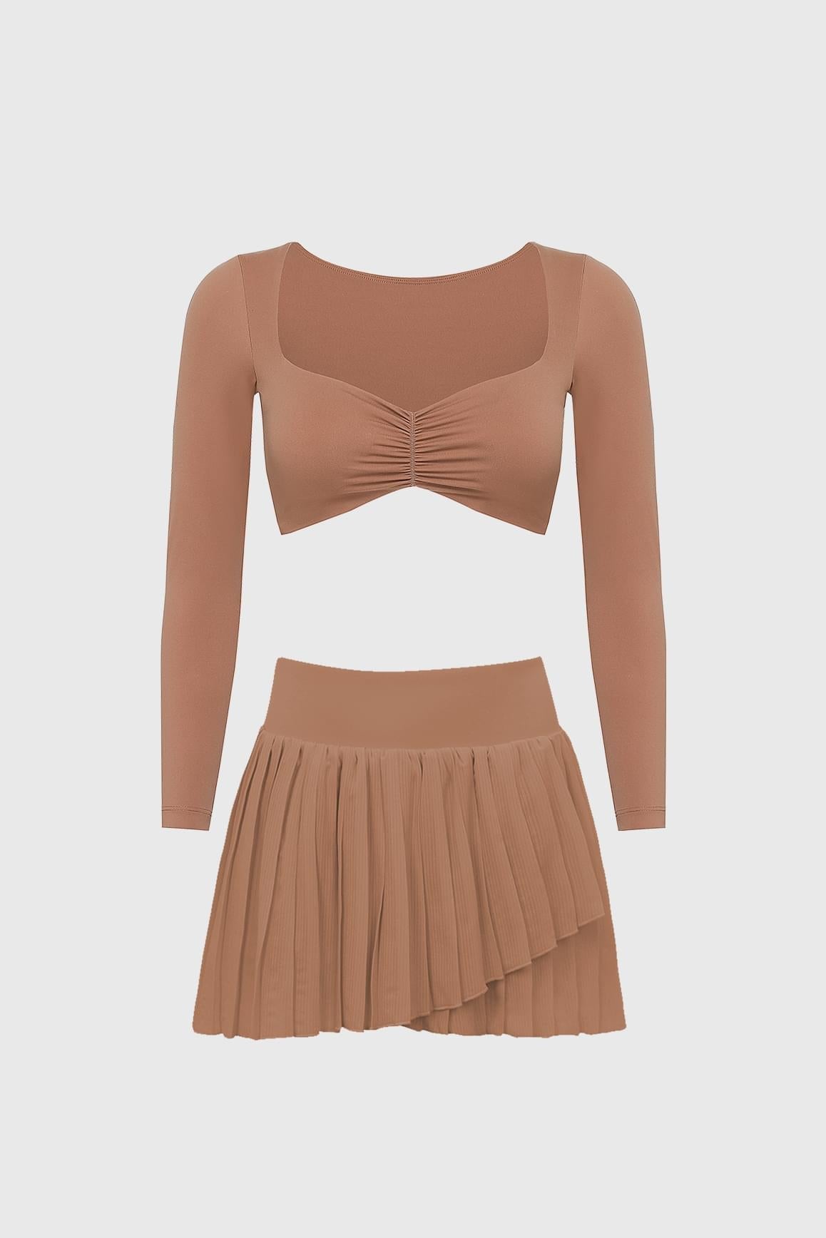 Long Sleeve Ruched Bra & Pleated Skirt