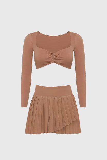 Long Sleeve Ruched Bra & Pleated Skirt