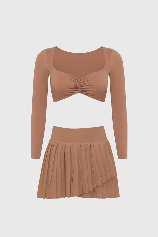 Long Sleeve Ruched Bra & Pleated Skirt