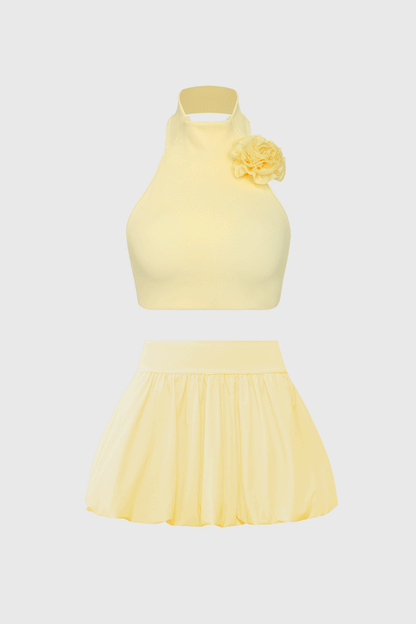 Riviera Floral Halter Mock Neck Top & Mini Bubble Skirt