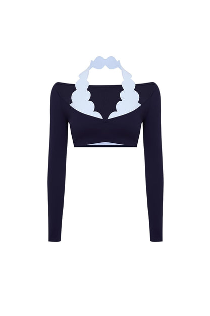 Long Sleeve Scallop Colorblock Crop Top