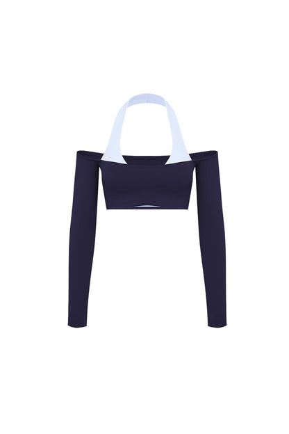 Off-Shoulder Colorblock Long Sleeve Crop Top