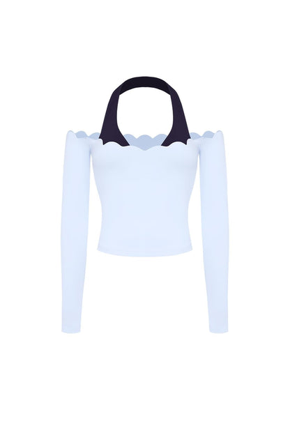 Scallop Off-Shoulder Colorblock Long Sleeve Top